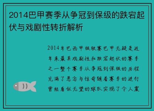 2014巴甲赛季从争冠到保级的跌宕起伏与戏剧性转折解析