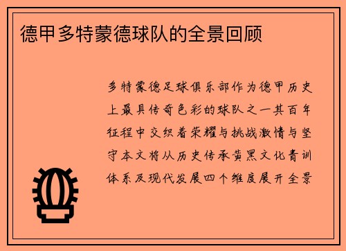 德甲多特蒙德球队的全景回顾